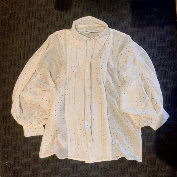 2 for $15 | Zara White blouse with silver polka dots - Picture 1 of 5